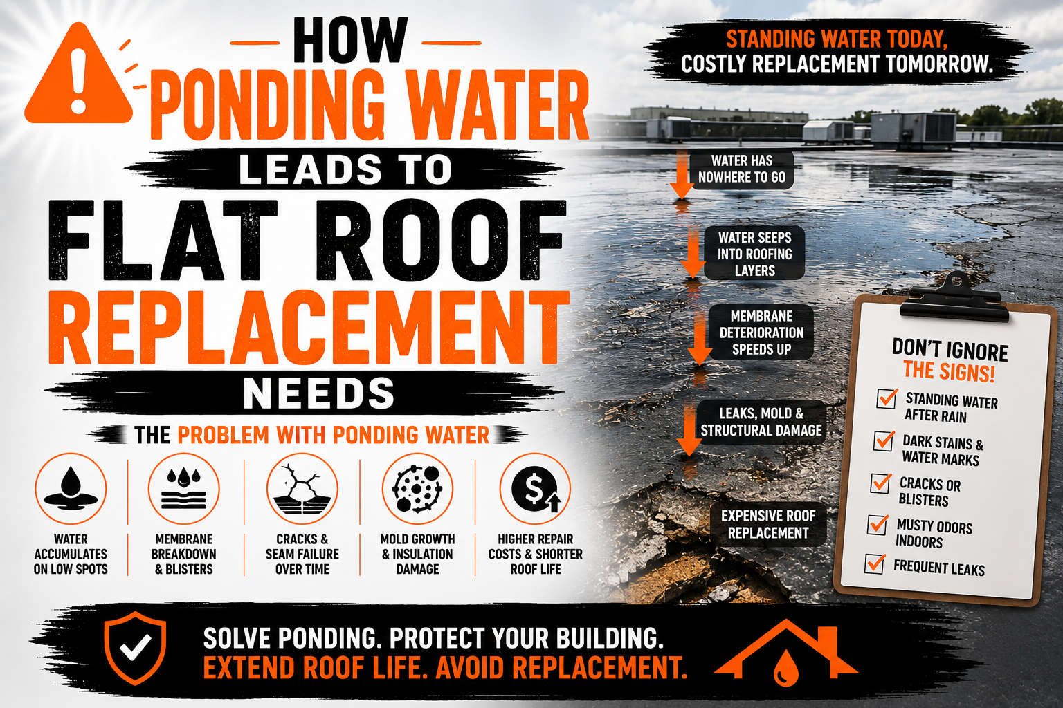 How Ponding Water Leads to Flat Roof Replacement Needs