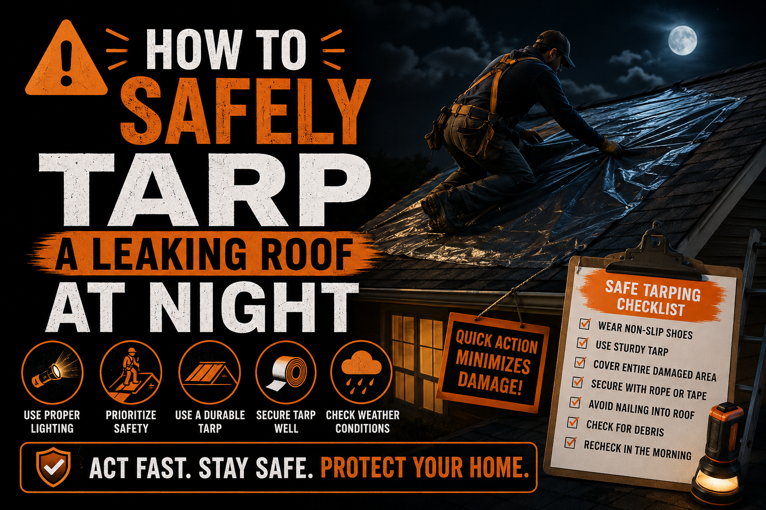How to Safely Tarp a Leaking Roof at Night