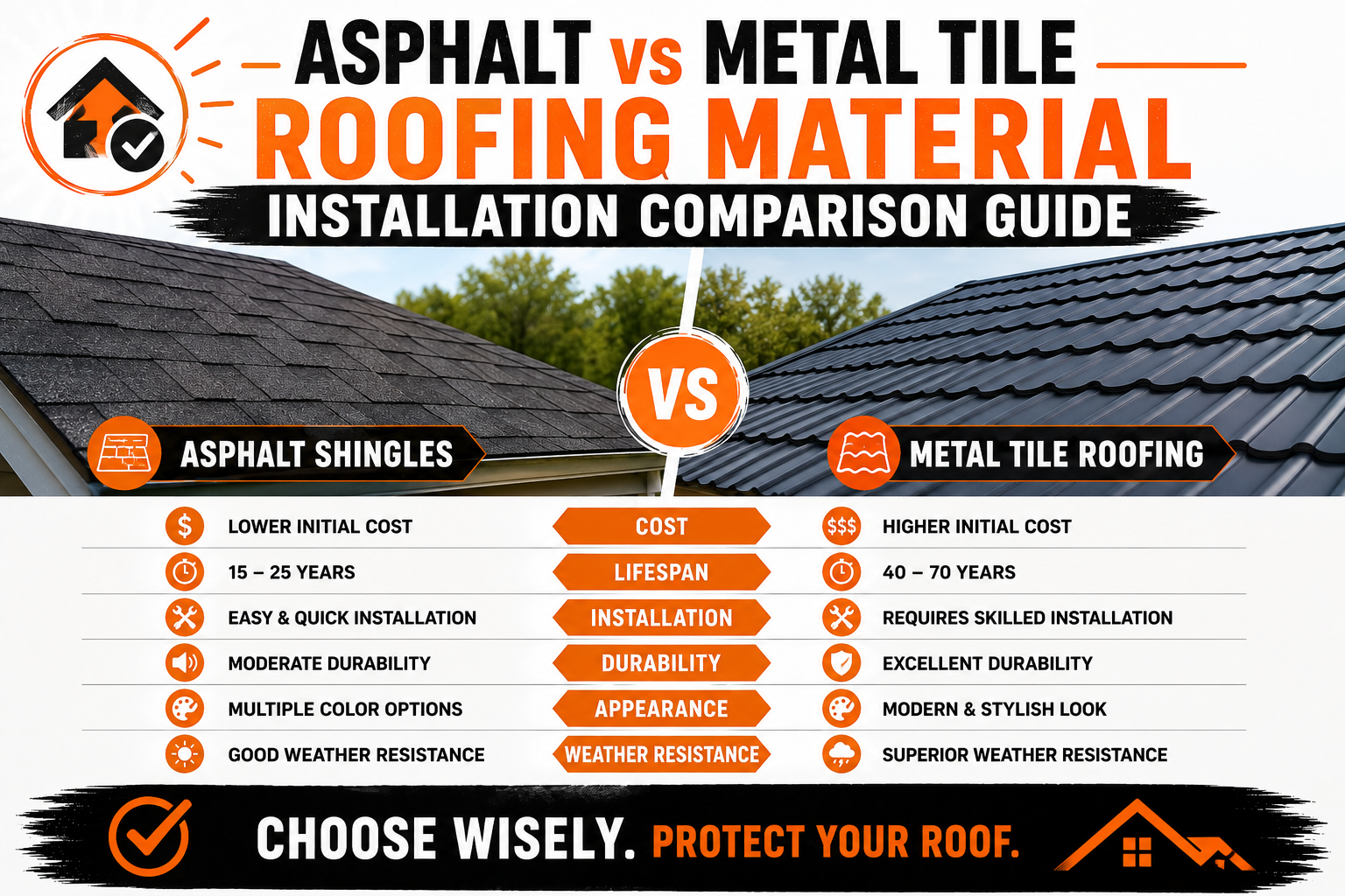 Asphalt Metal Tile Roofing Material Installation Comparison Guide